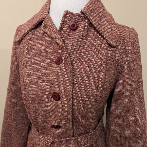 VINTAGE wool trench coat, burgundy tweed, burgundy lining - Picture 2 of 15